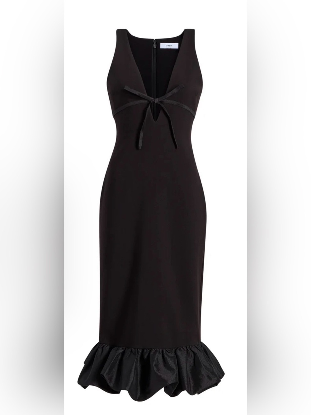 Likely Balta Ruffle Hem Mixed Media
Cocktail Midi Dress